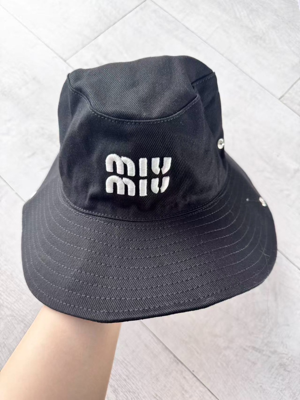 Miu Miu Black Bucket Hat with White Embroidered Logo
